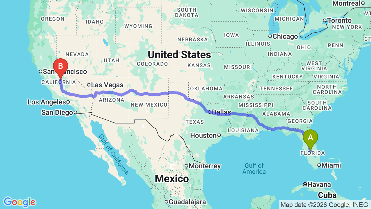 Route map: Florida to California Car Shipping: Stress-Free Relocation Guide