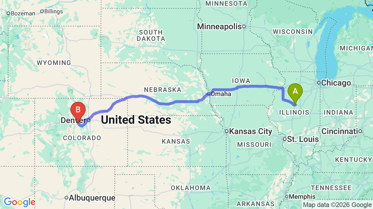 Route map: Chicago to Denver Car Shipping: Reliable Relocation Guide