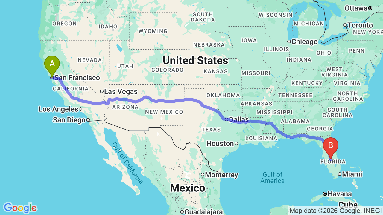 Route map: Professional San Francisco to Florida Car Shipping: Your Stress-Free Relocation Partner