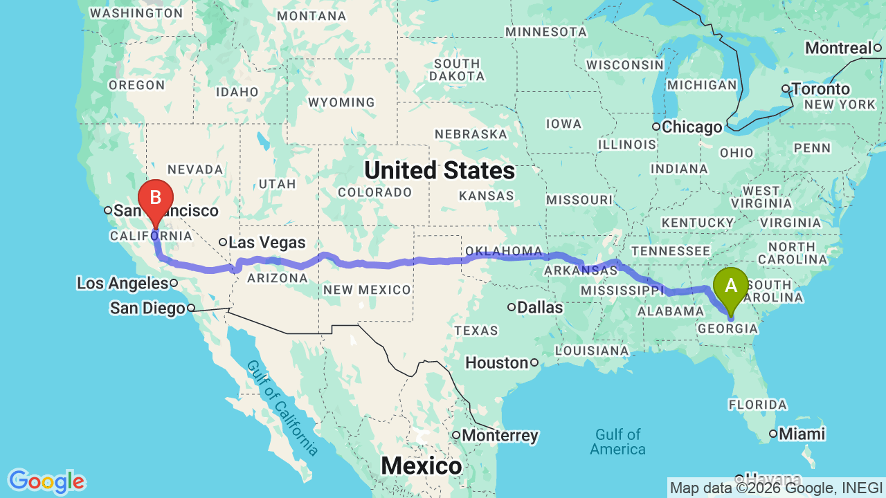 Route map: Georgia to California Car Shipping: Your Stress-Free Job Relocation Guide