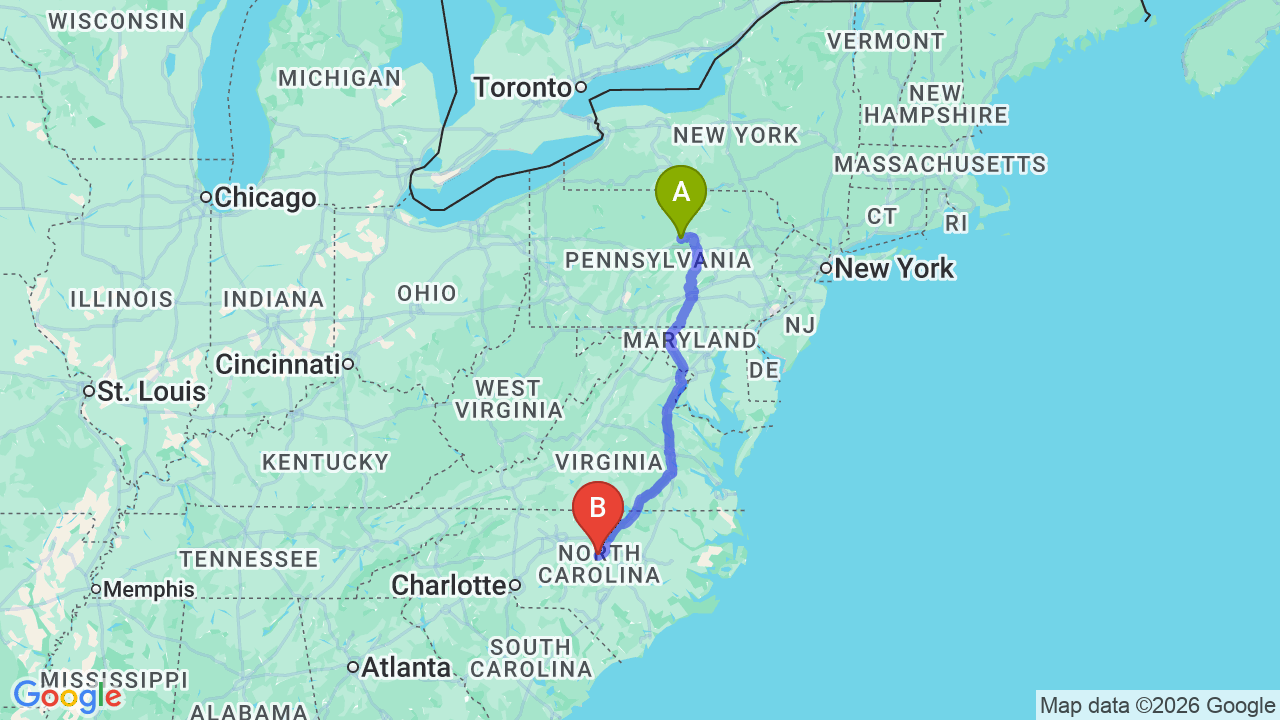 Route map: Pennsylvania to North Carolina Car Shipping | Relocation Guide