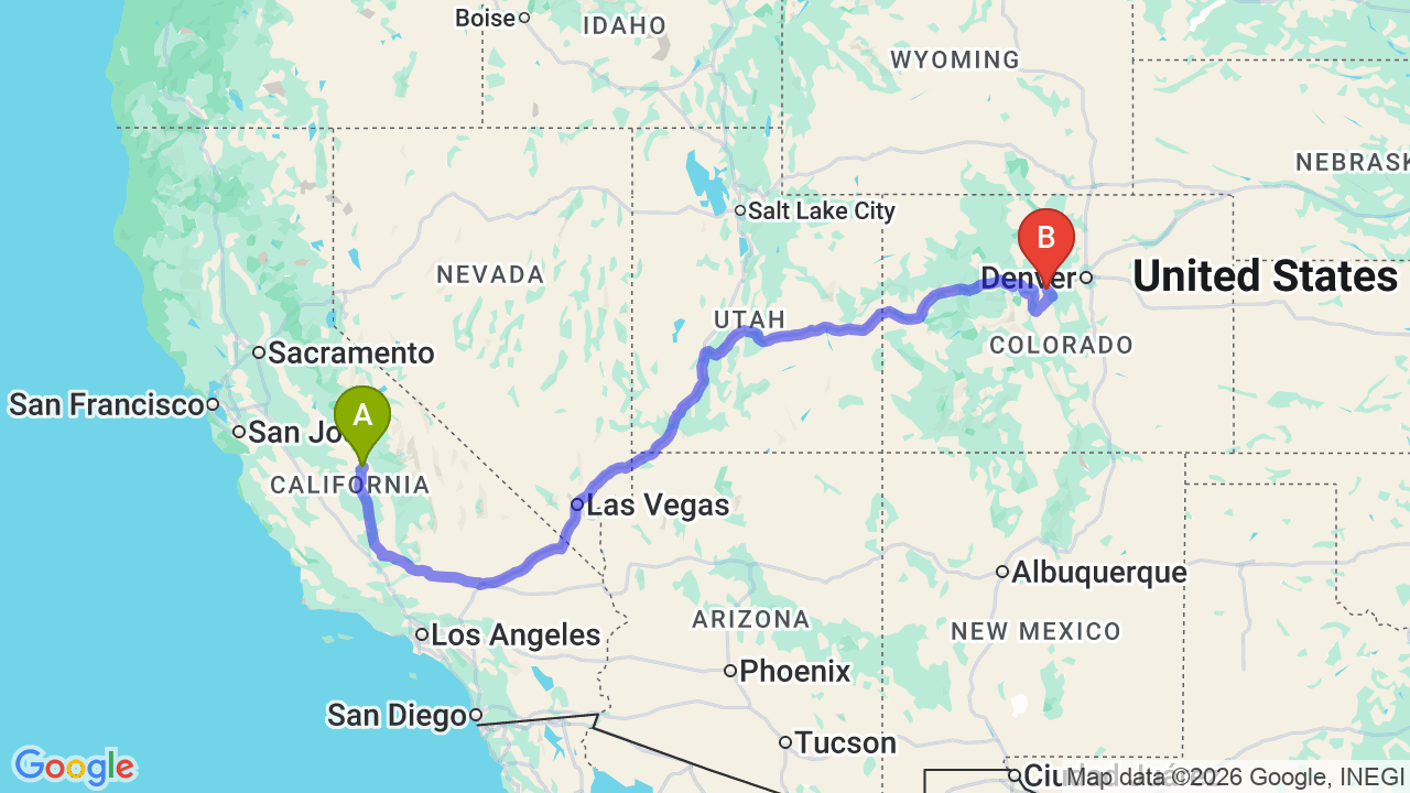 Route map: California to Colorado Car Shipping: The Complete Relocation Guide
