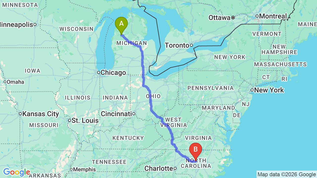Route map: Michigan to North Carolina Car Shipping: Professional Auto Transport for Your Relocation