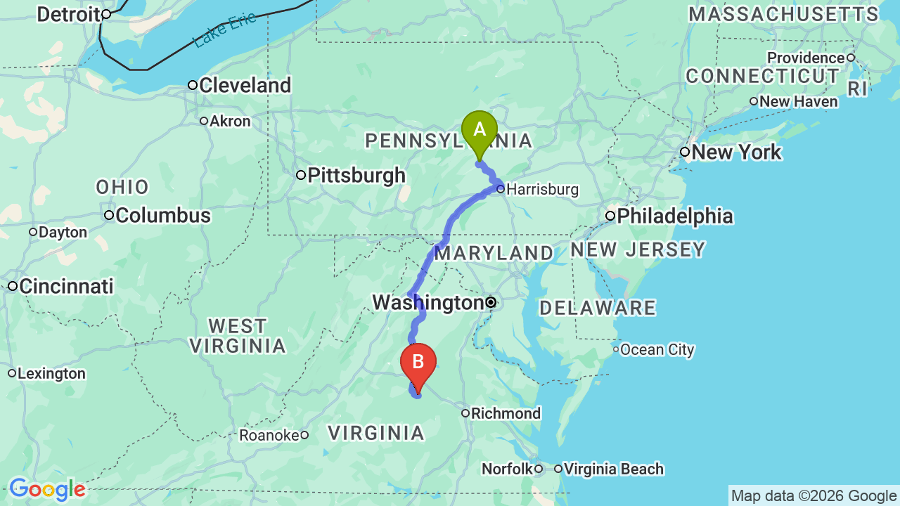 Route map: Pennsylvania to Virginia Car Shipping: The Complete Relocator’s Guide
