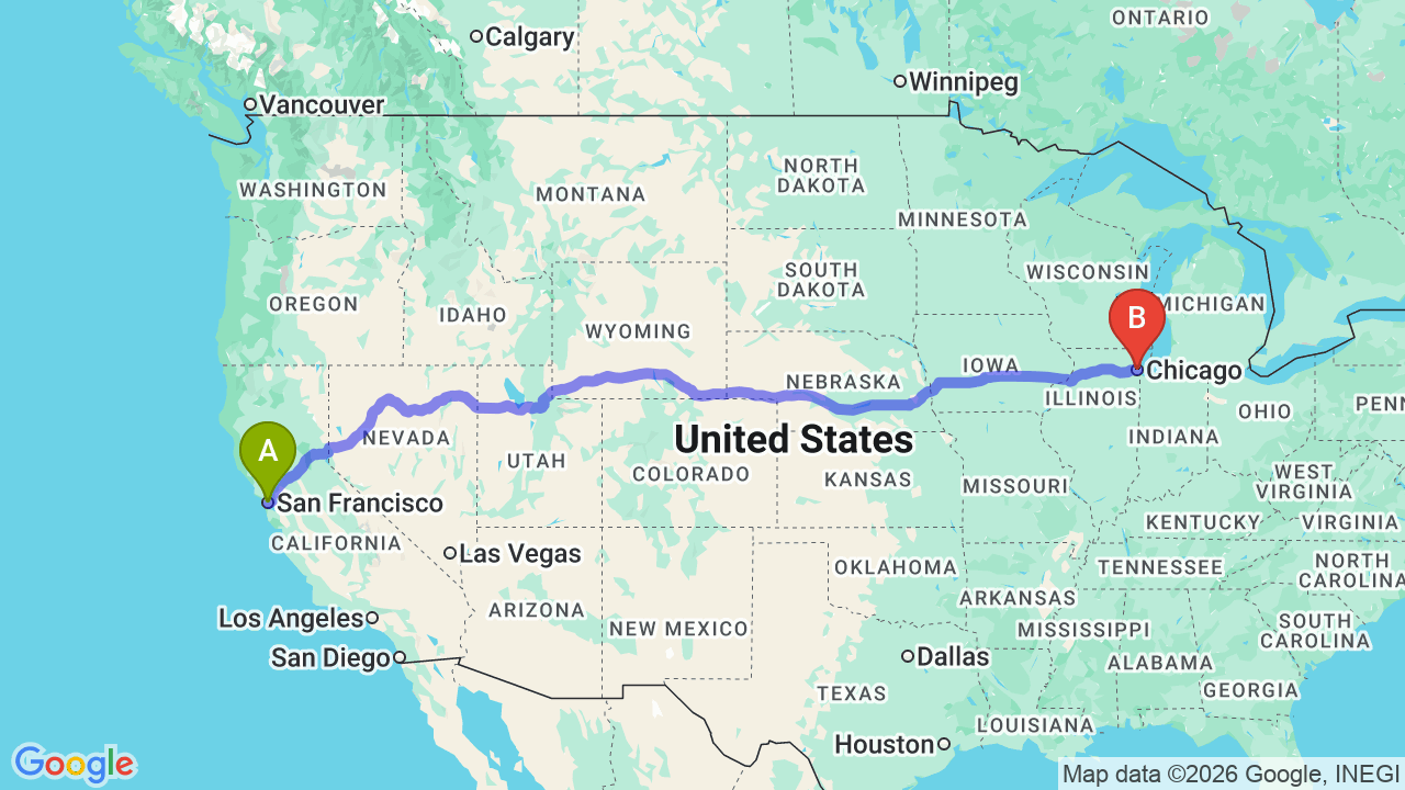 Route map: San Francisco to Chicago Car Shipping: The Complete Relocation Guide