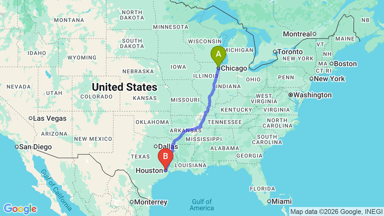 Route map: Chicago to Houston Car Shipping | Relocation Guide & Rates