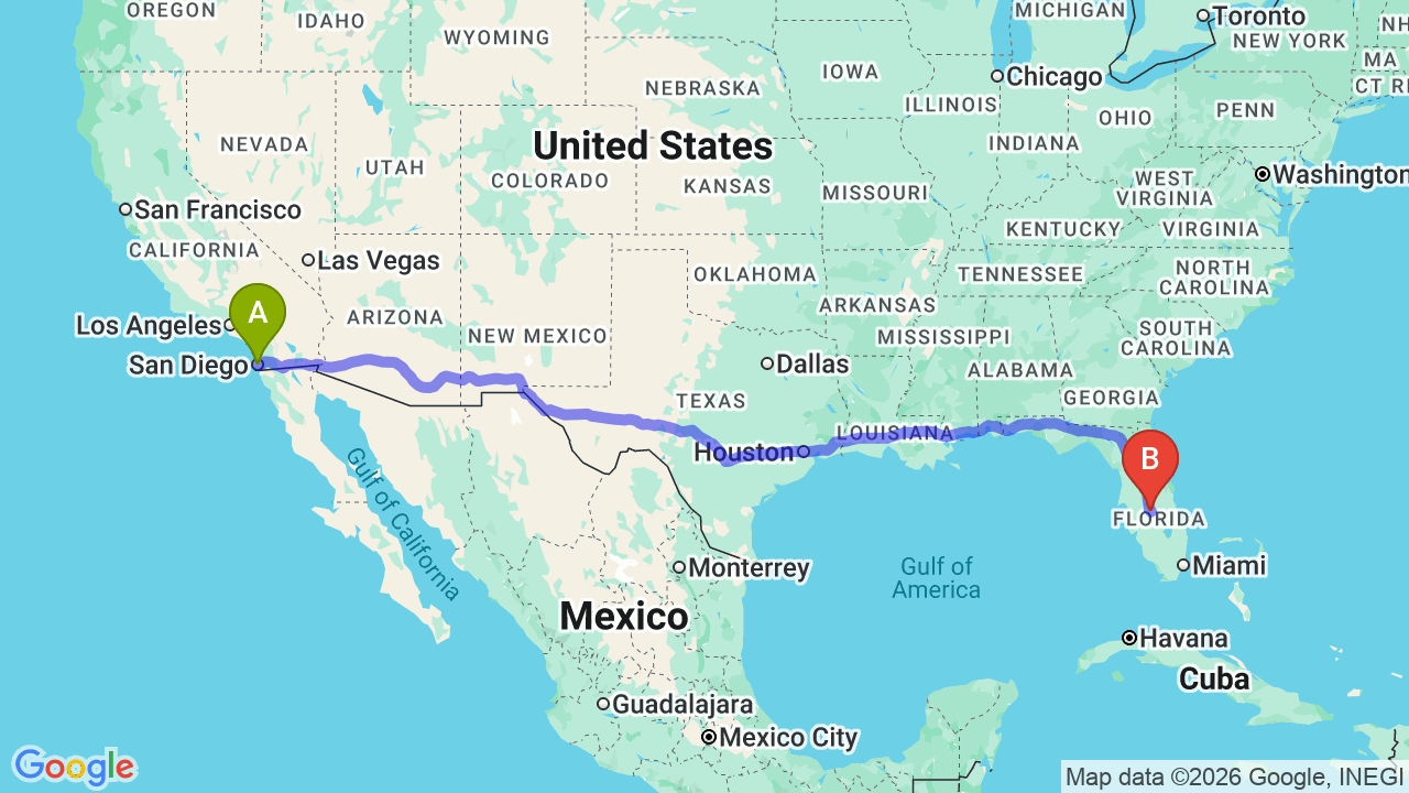 Route map: San Diego to Florida Car Shipping: Your Seamless Cross-Country Relocation Guide