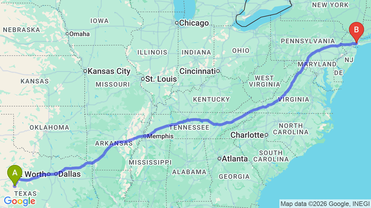 Route map: Texas to New York Car Shipping: Reliable Relocation Transport