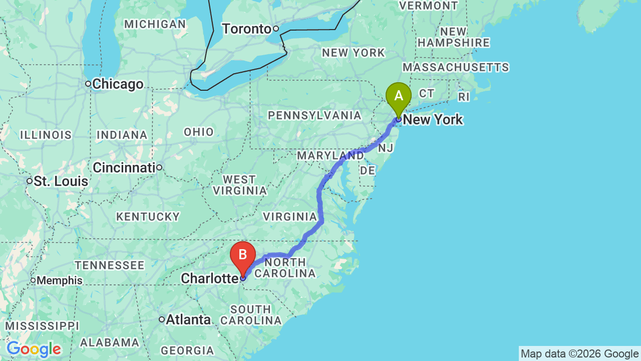 Route map: New York City to Charlotte Car Shipping: The Complete Relocation Guide