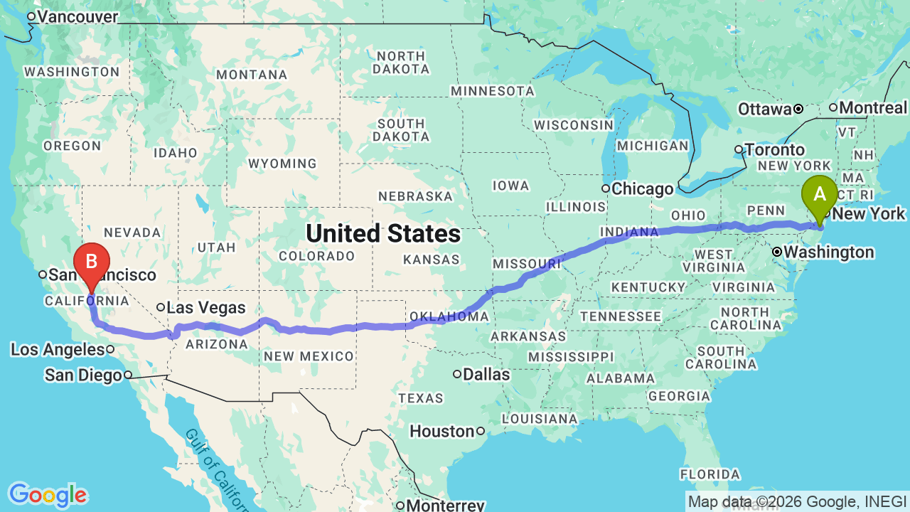 Route map: New Jersey to California Car Shipping: The Complete Relocator’s Guide