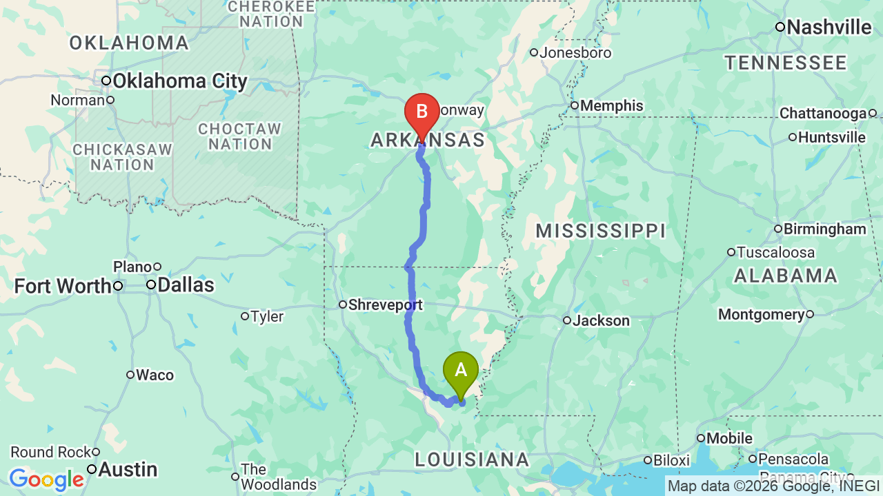 Route map: Louisiana to Arkansas Car Shipping: Complete Guide for Relocators
