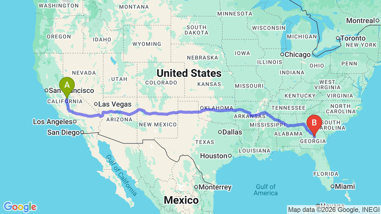 Route map: California to Georgia Car Shipping | Reliable Auto Transport Guide