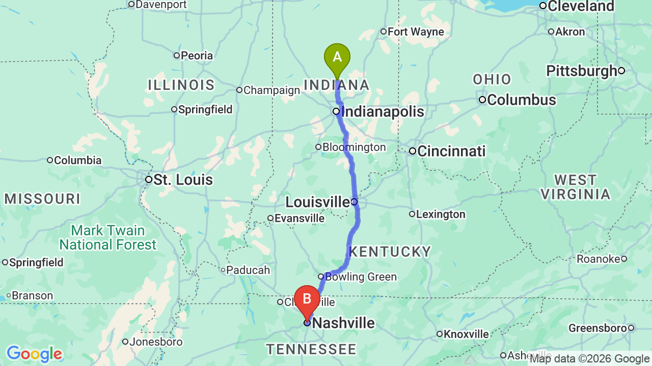 Route map: Indiana to Tennessee Car Shipping: Efficient Relocation Guide