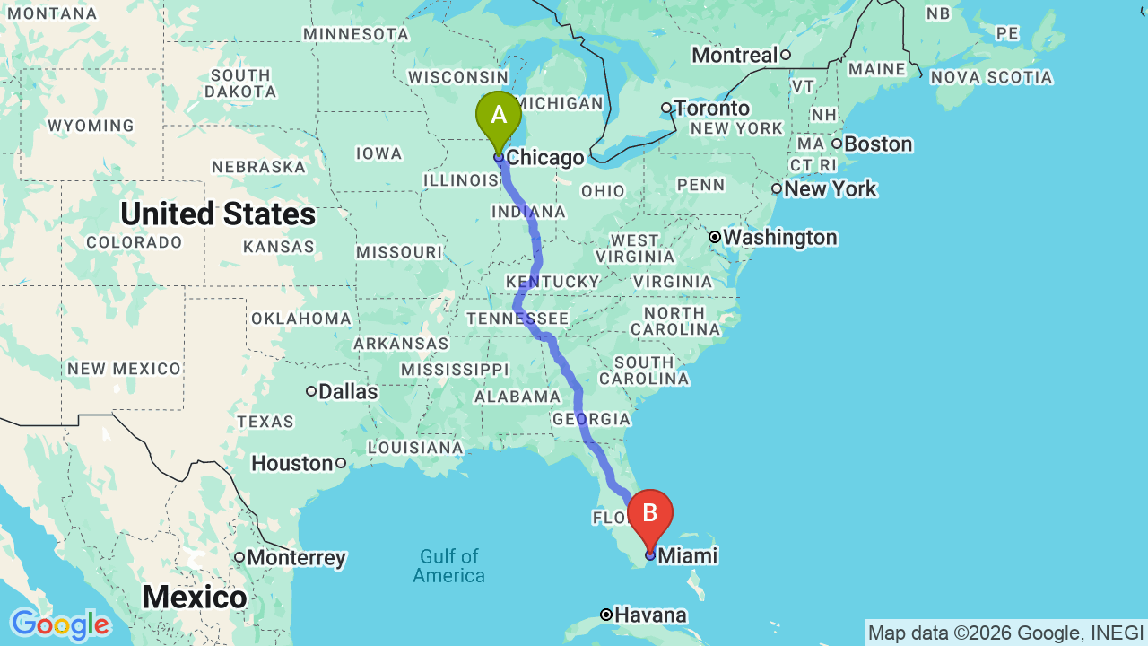 Route map: Chicago to Miami Car Shipping: The Ultimate Snowbird Guide