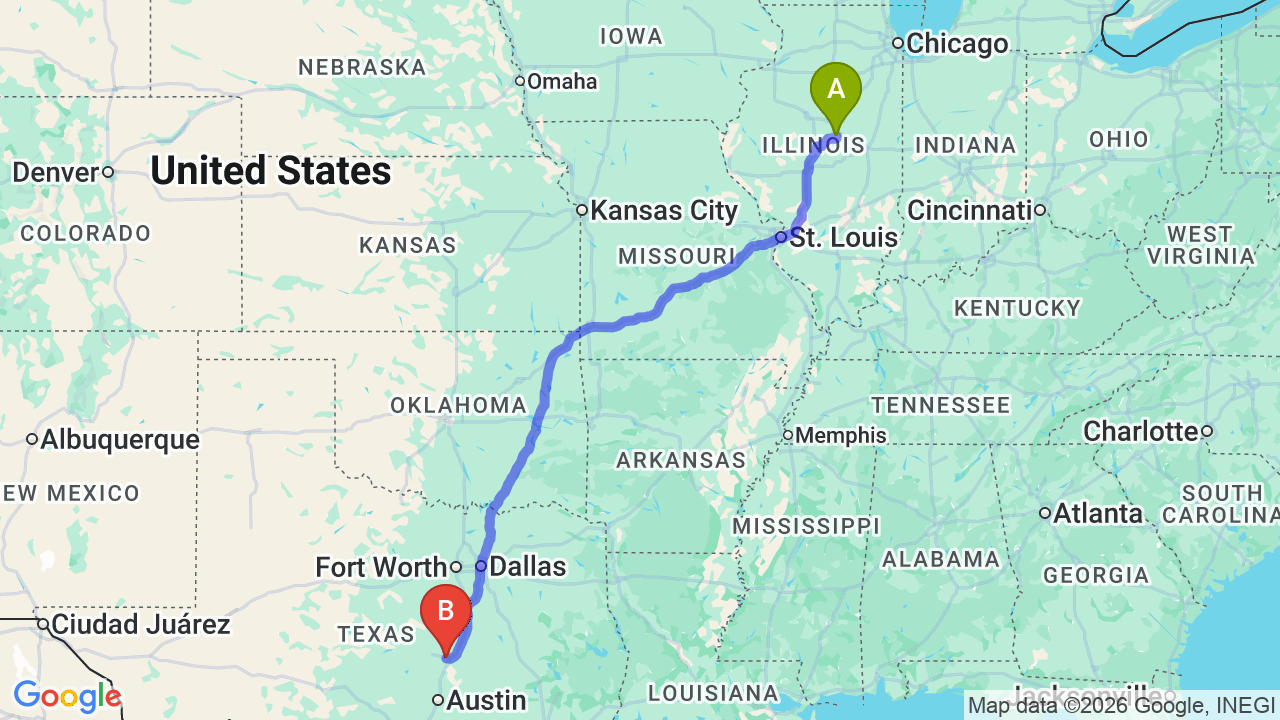 Route map: Illinois to Texas Car Shipping
