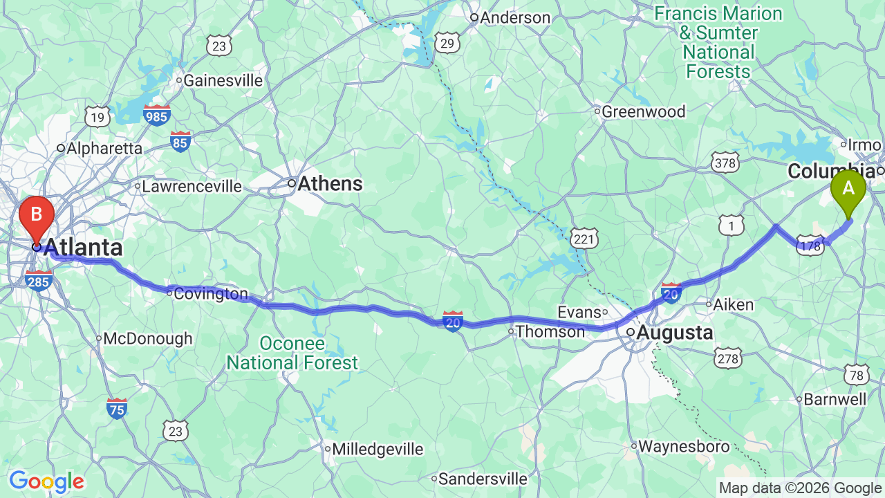 Route map: South Carolina to Georgia Car Shipping: Stress-Free Relocation