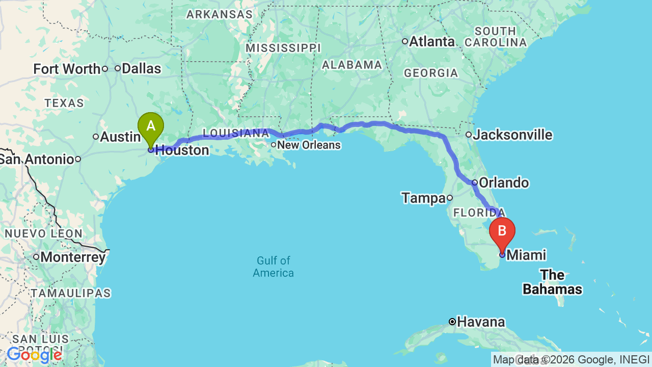 Route map: Houston to Miami Car Shipping: Seamless Vehicle Relocation for Your Next Career Move