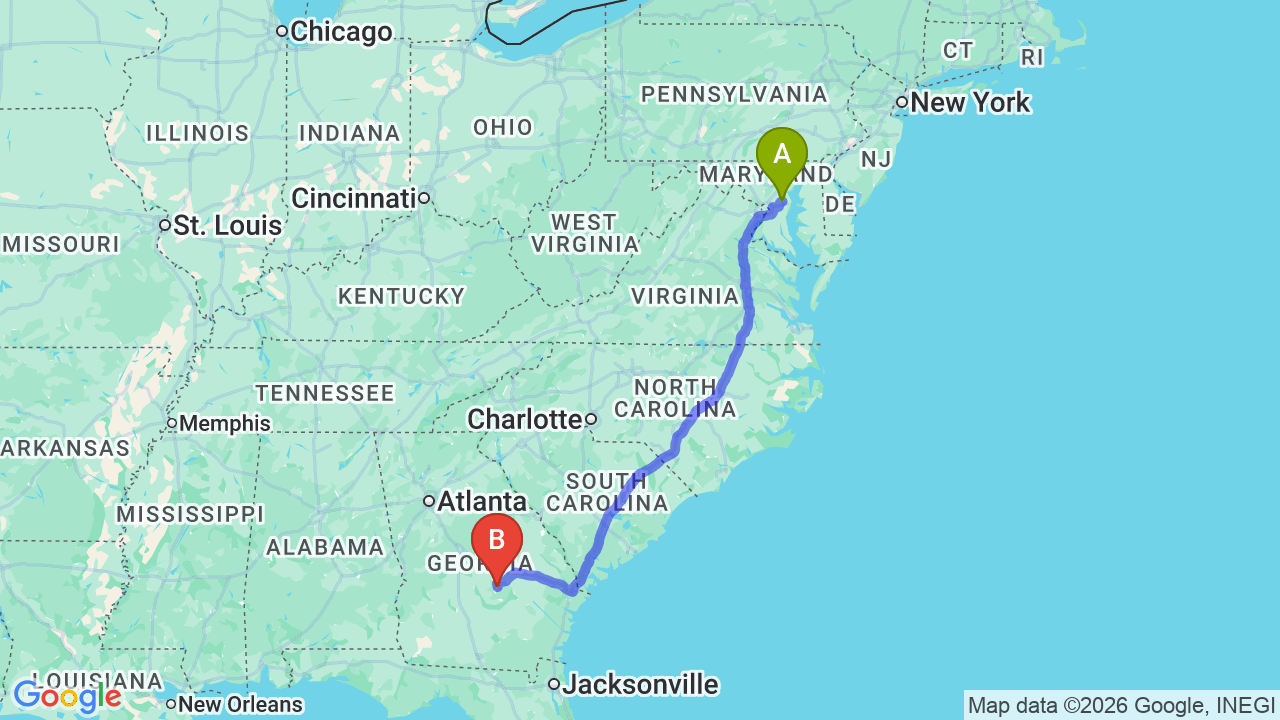 Route map: Maryland to Georgia Car Shipping: Professional Relocation Guide