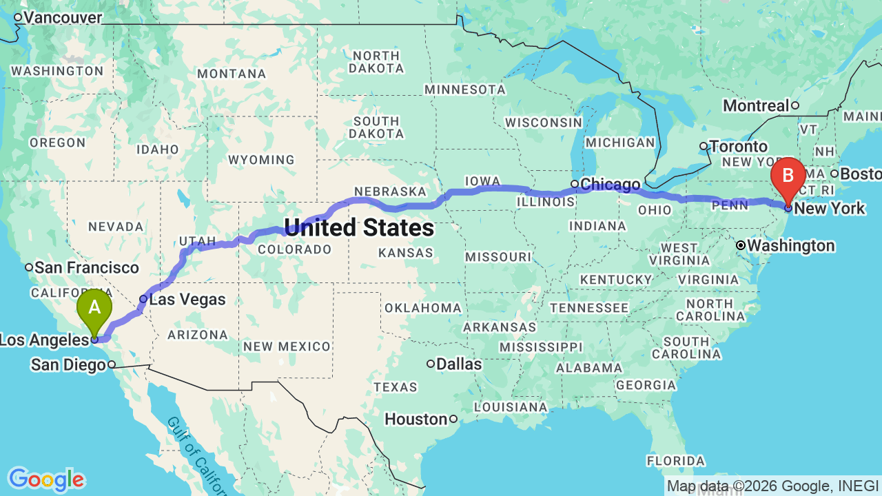 Route map: Los Angeles to New York City Car Shipping: The Complete Relocator’s Guide