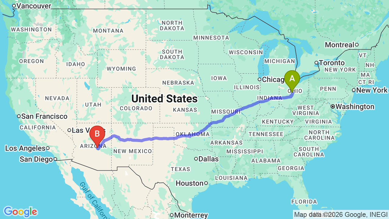 Route map: Ohio to Arizona Car Shipping: The Complete Guide for Relocators