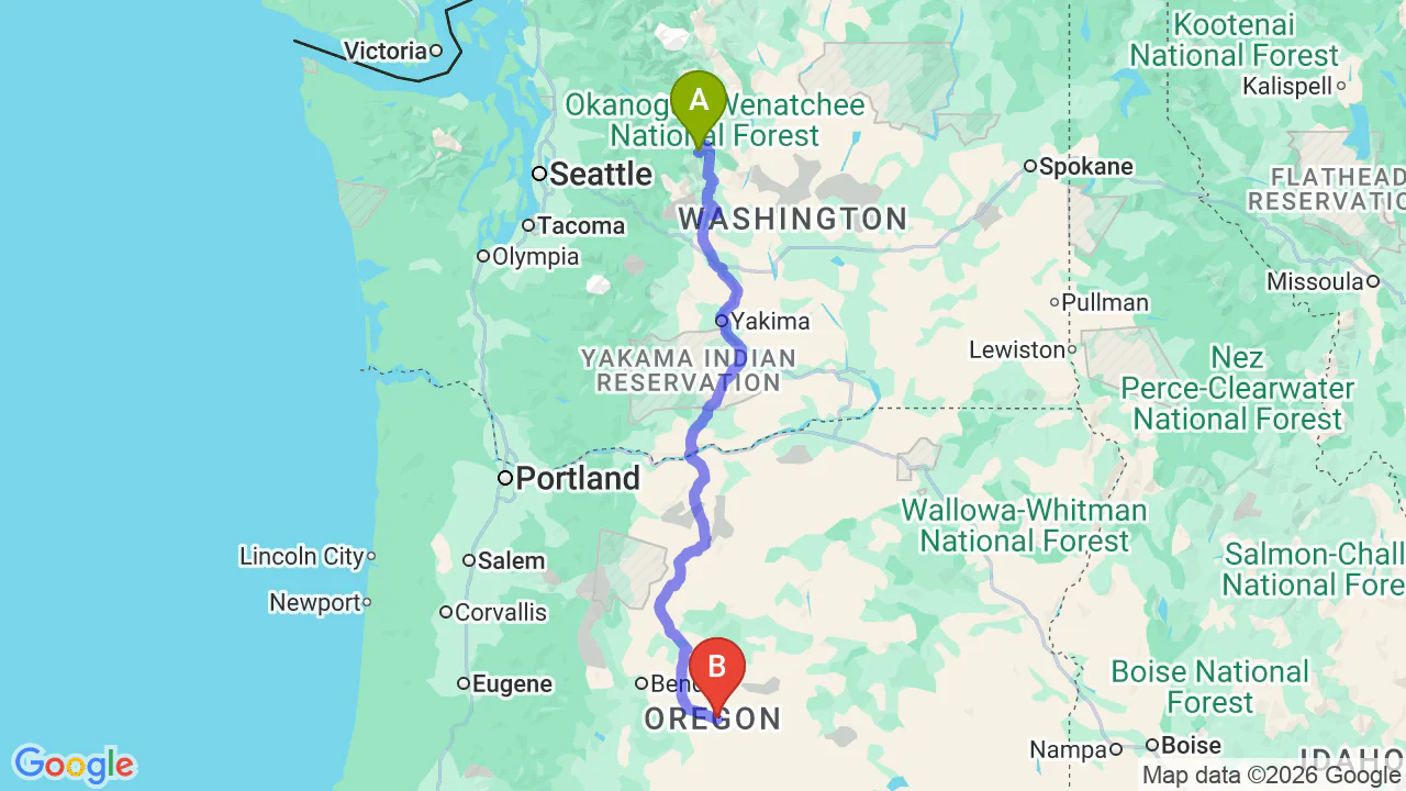 Route map: Washington to Oregon Car Shipping | Reliable Relocation Auto Transport