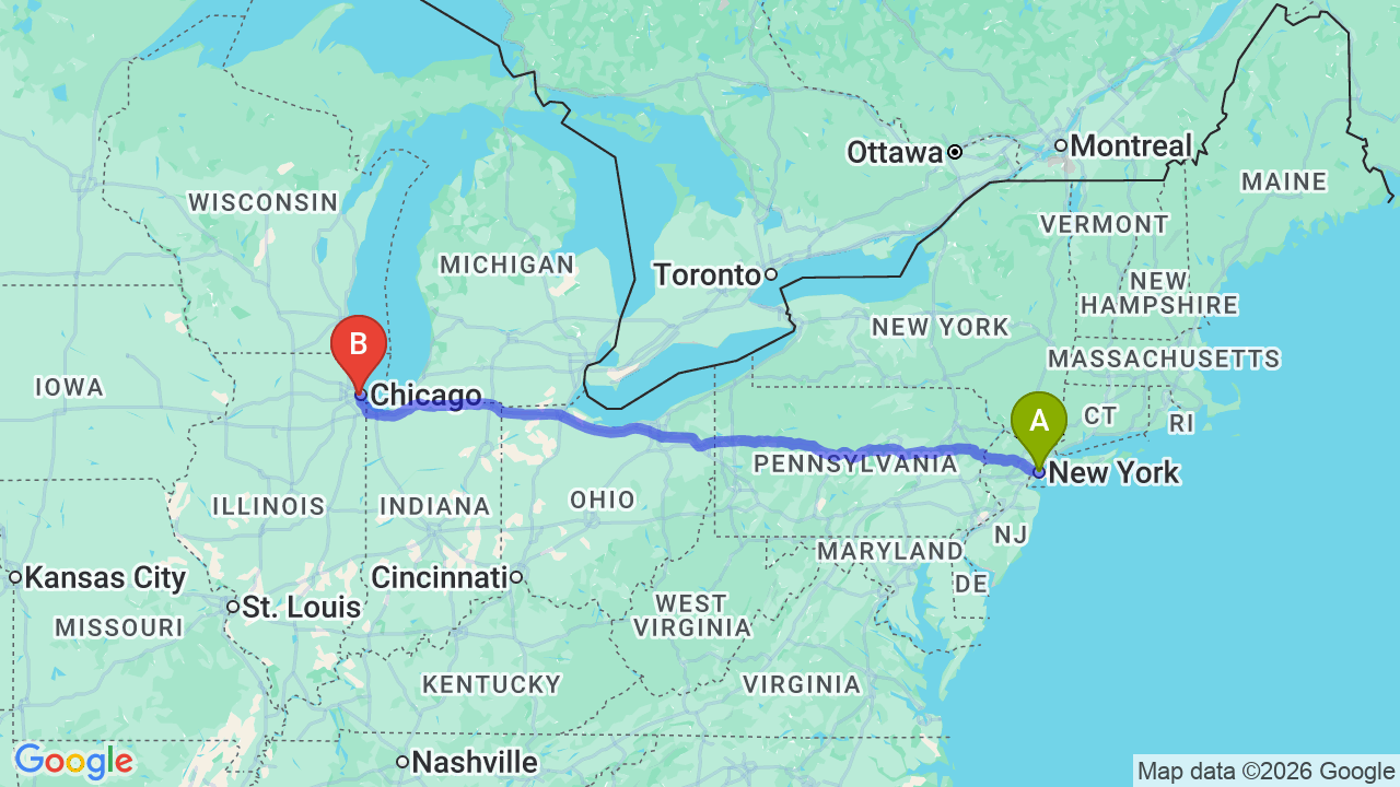 Route map: New York City to Chicago Car Shipping | Expert Relocation Services