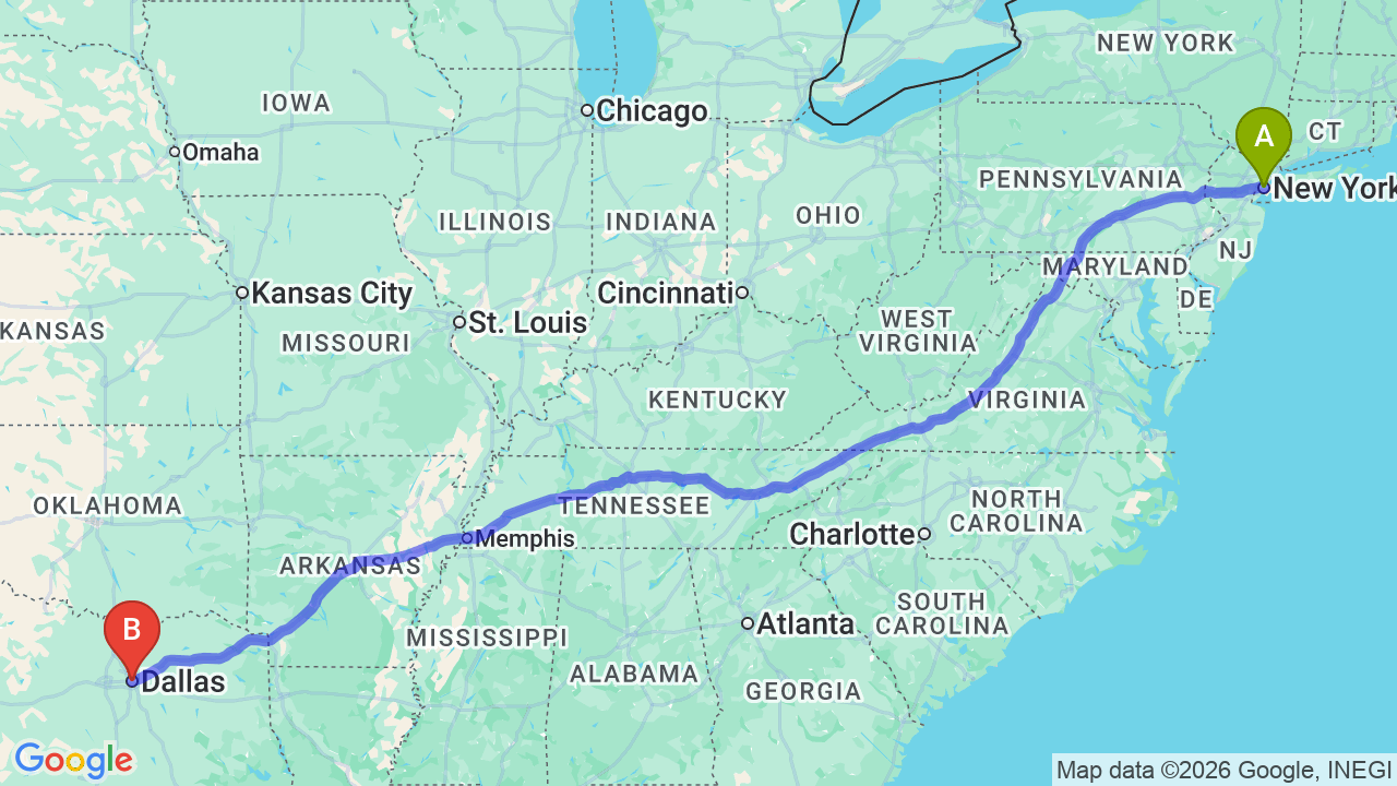 Route map: New York City to Dallas Car Shipping | Corporate Relocation Guide