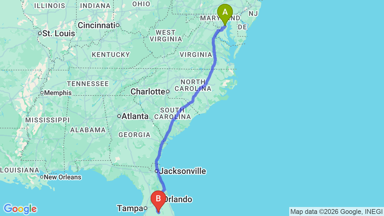 Route map: Maryland to Florida Car Shipping: The Complete Snowbird Guide