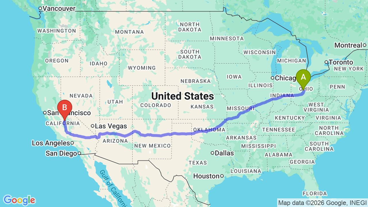 Route map: Ohio to California Car Shipping