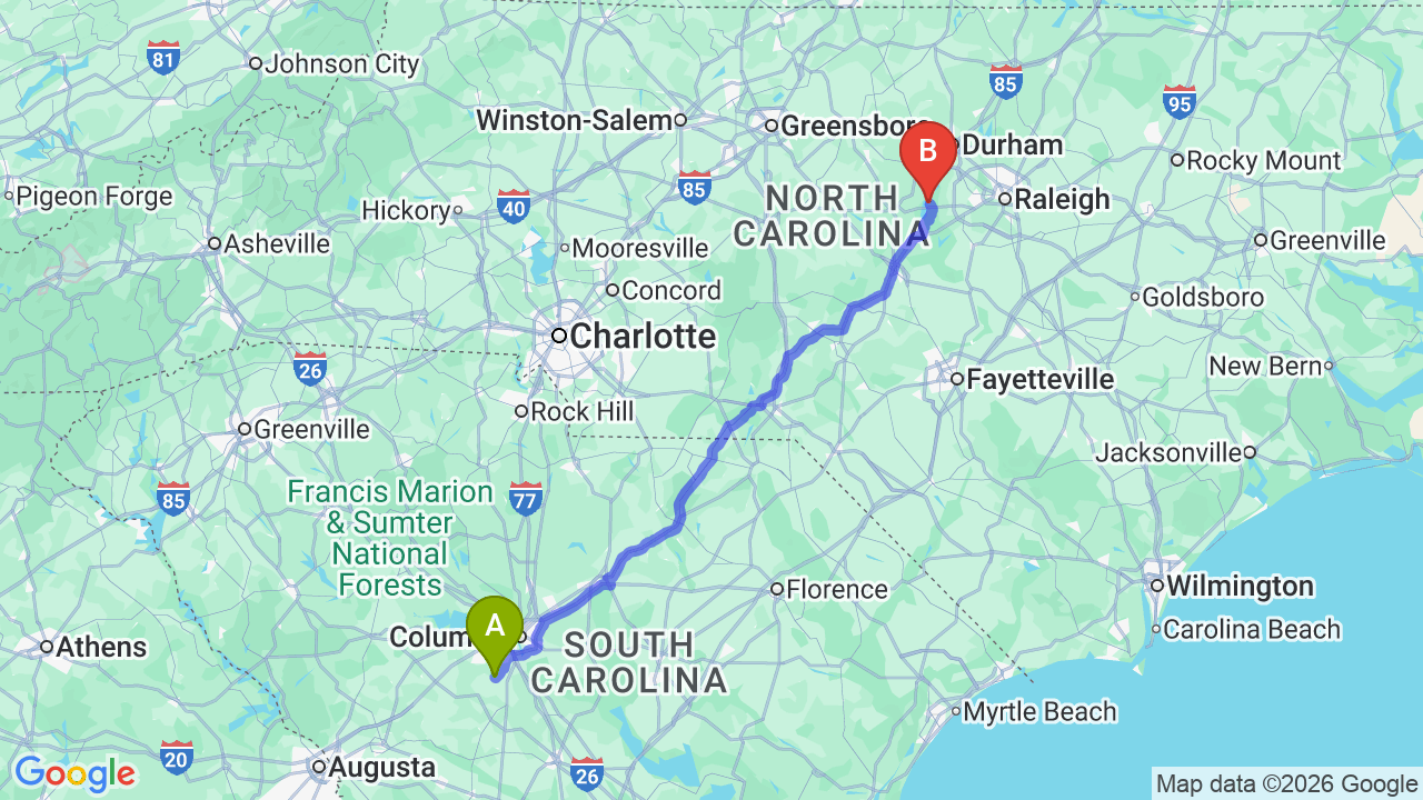 Route map: South Carolina to North Carolina Car Shipping