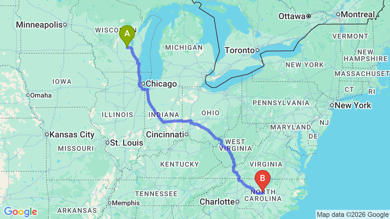 Route map: Wisconsin to North Carolina Car Shipping: The Complete Relocation Guide