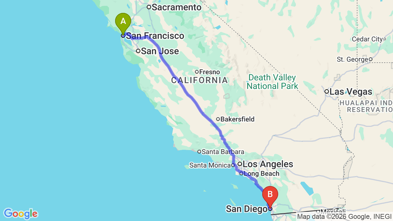 Route map: San Francisco to San Diego Car Shipping: Stress-Free Relocation for Your Vehicle