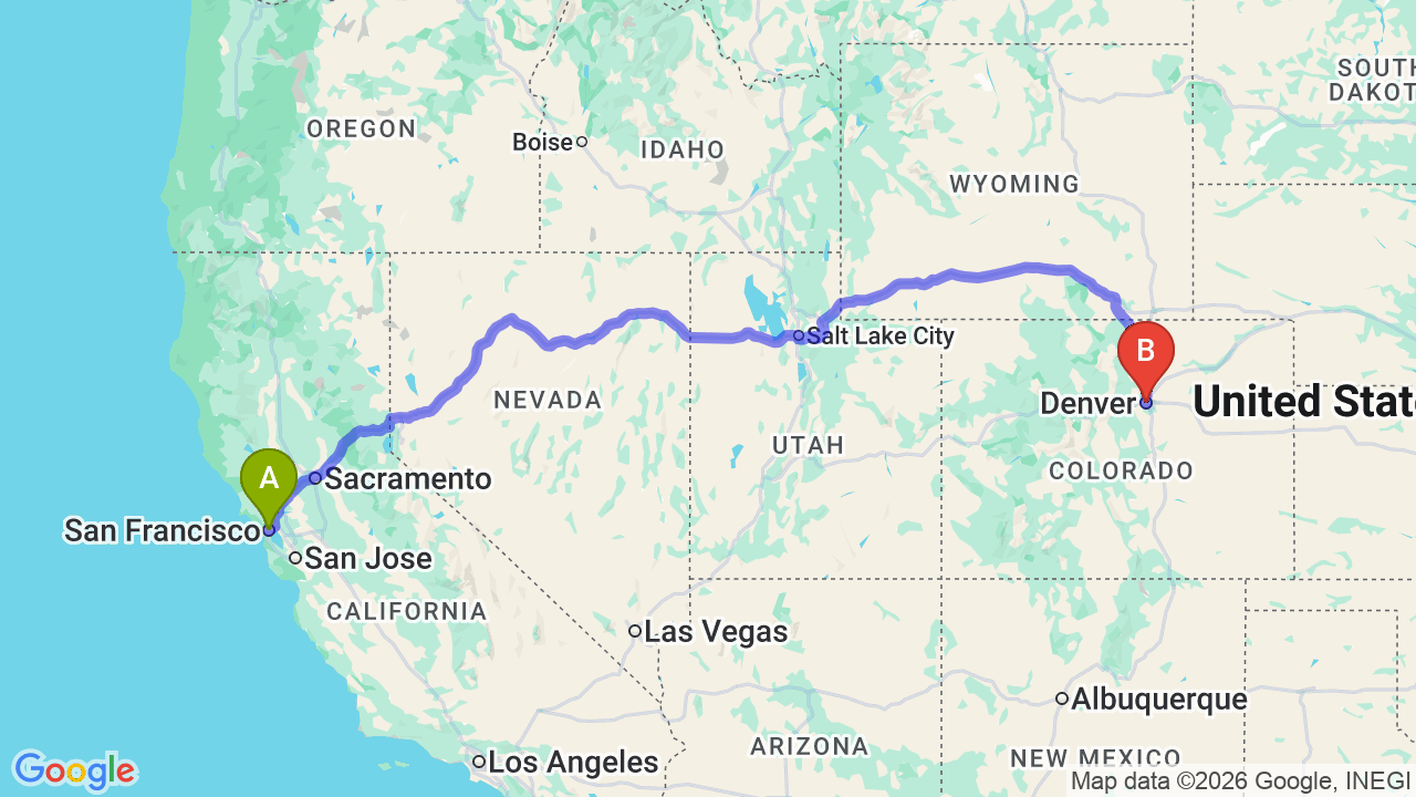 Route map: San Francisco to Denver Car Shipping | Reliable Relocation Services