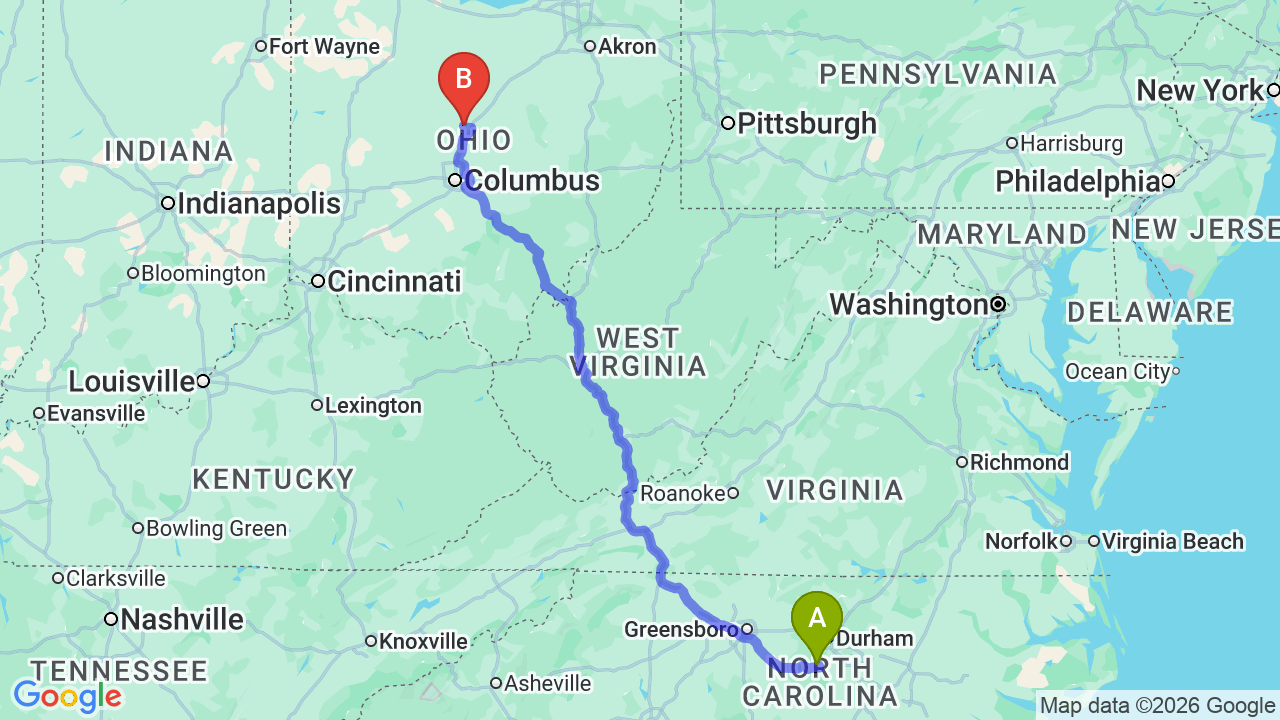 Route map: North Carolina to Ohio Car Shipping: Stress-Free Relocation Guide