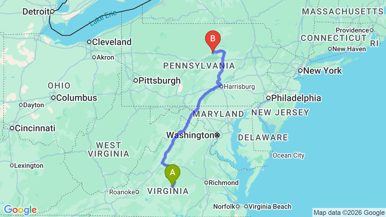 Route map: Virginia to Pennsylvania Car Shipping | 1-2 Days