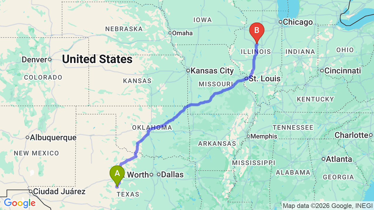Route map: Texas to Illinois Car Shipping: Professional Vehicle Transport for Your Relocation