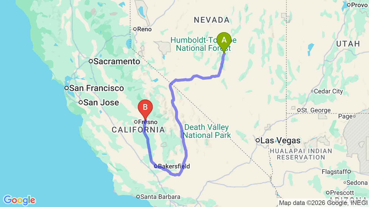 Route map: Nevada to California Car Shipping