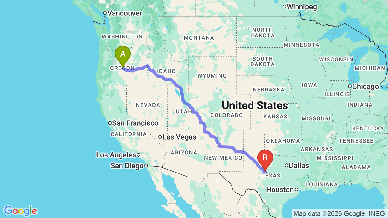 Route map: Oregon to Texas Car Shipping: The Complete Relocation Guide