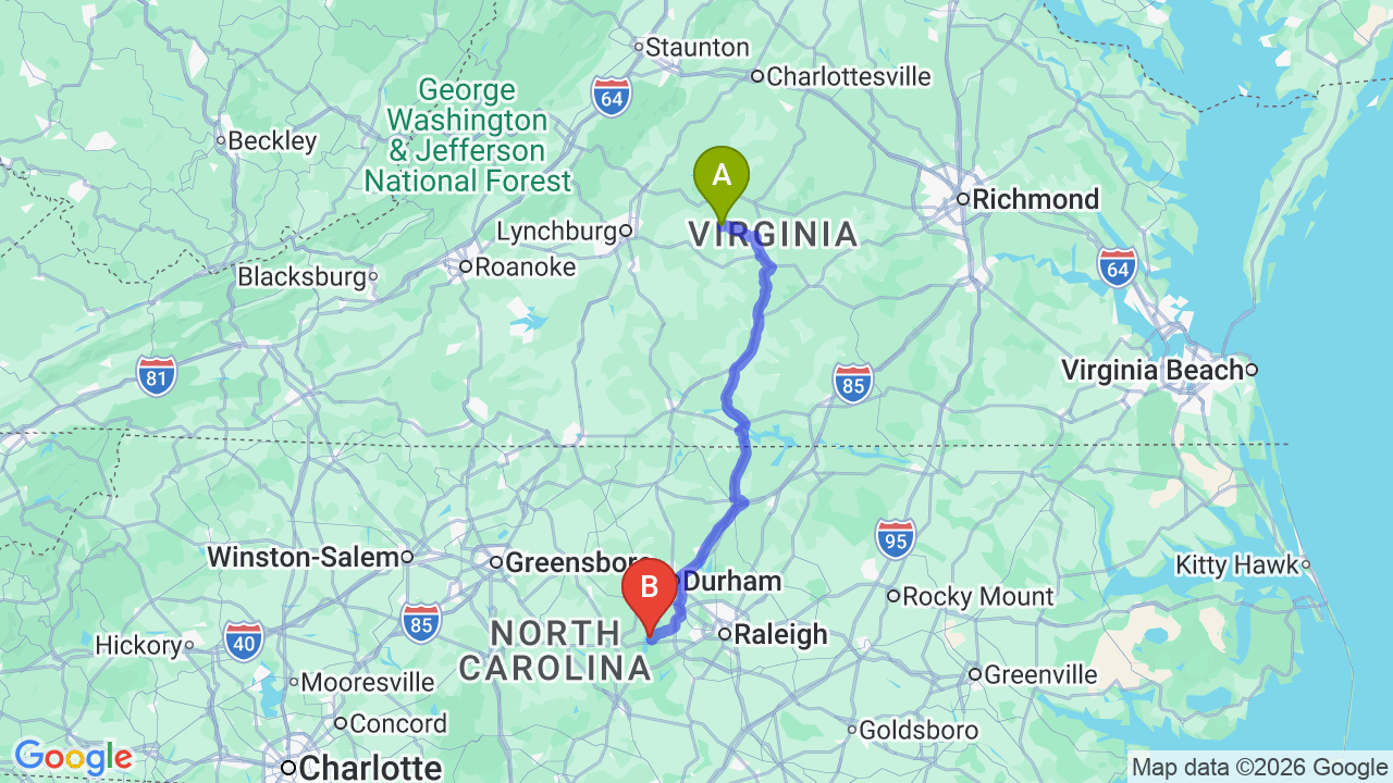 Route map: Virginia to North Carolina Car Shipping: Hassle-Free Job Relocation