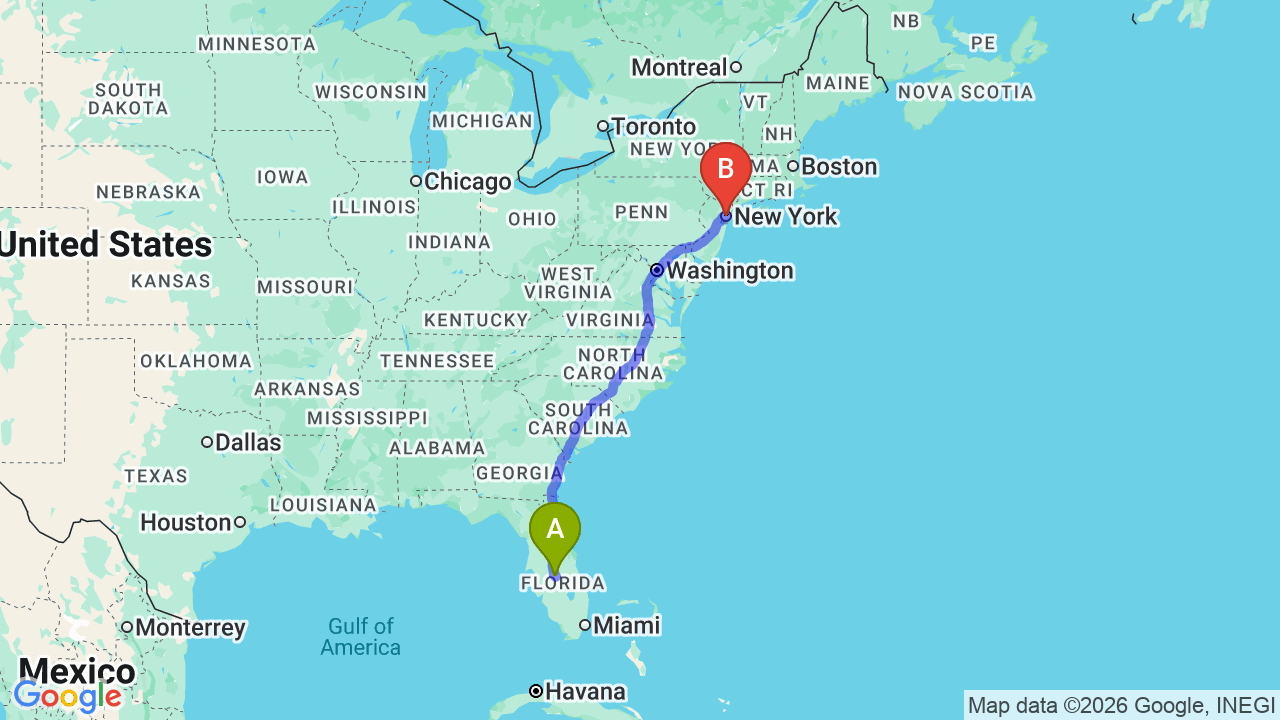Route map: Florida to New York Car Shipping | Snowbird Auto Transport Guide