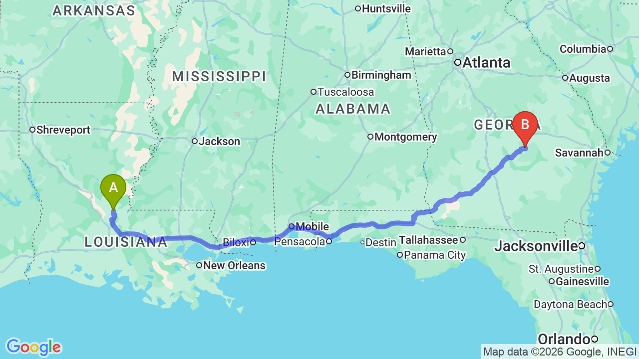 Route map: Louisiana to Georgia Car Shipping: Fast, Reliable Relocation Services