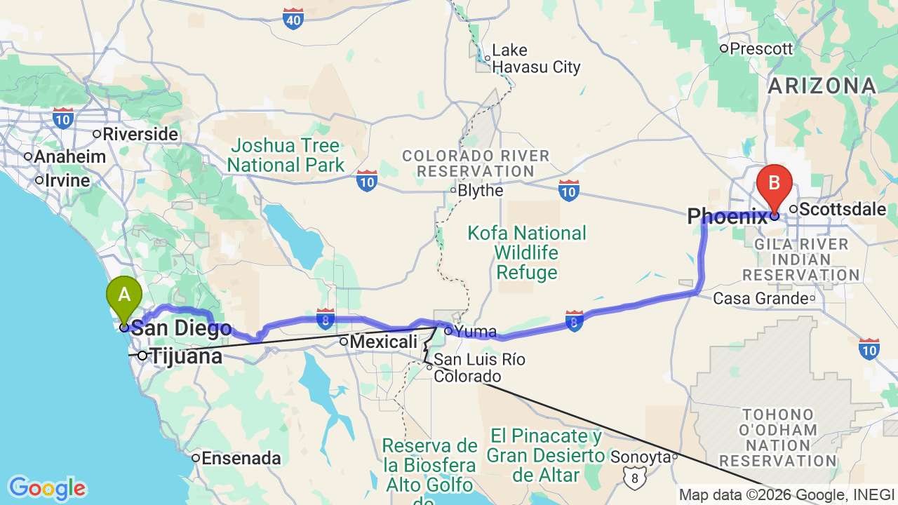 Route map: San Diego to Arizona Car Shipping: Your Seamless Relocation Guide