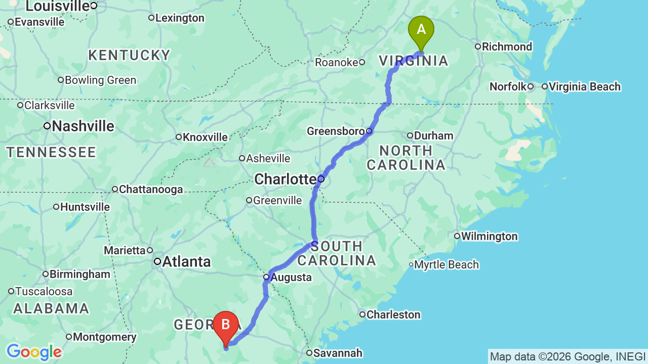 Route map: Virginia to Georgia Car Shipping