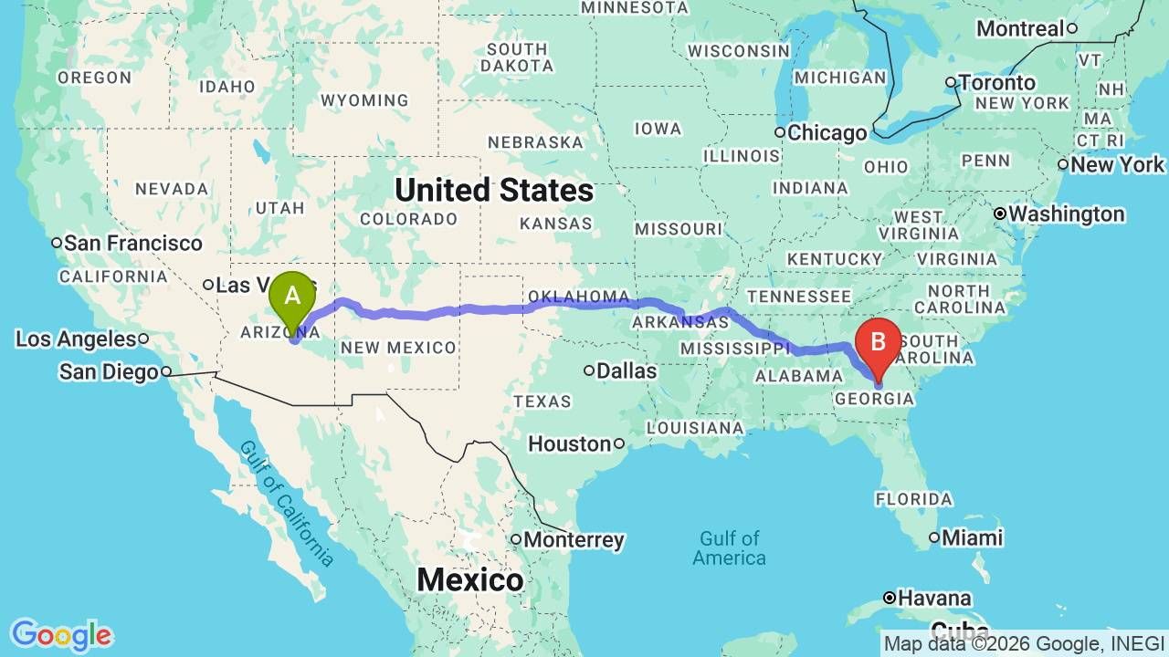 Route map: Arizona to Georgia Car Shipping: Stress-Free Military & PCS Relocation