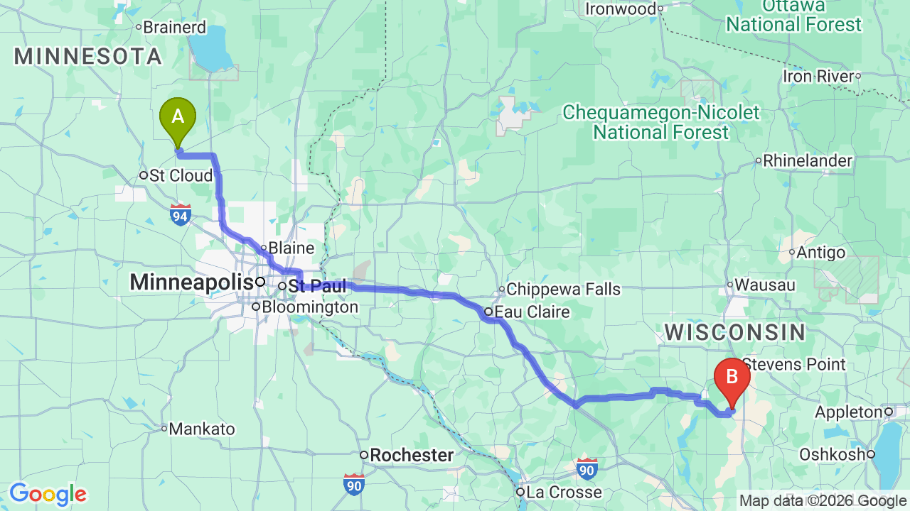Route map: Minnesota to Wisconsin Car Shipping | Reliable Relocation Services