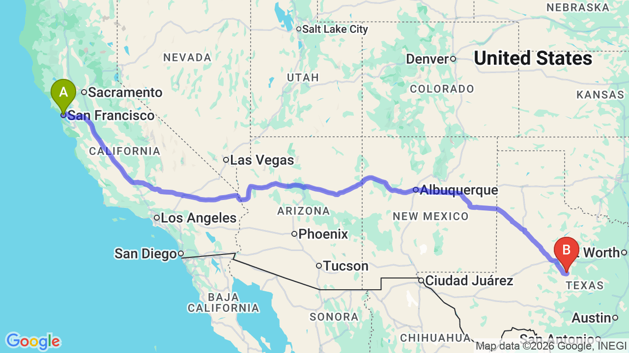 Route map: San Francisco to Texas Car Shipping: Professional Long-Distance Transport