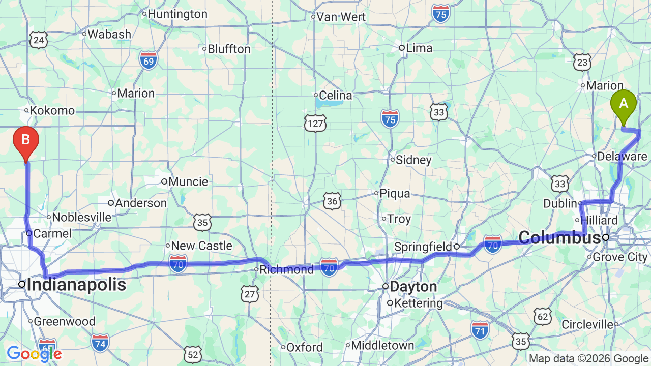 Route map: Ohio to Indiana Car Shipping