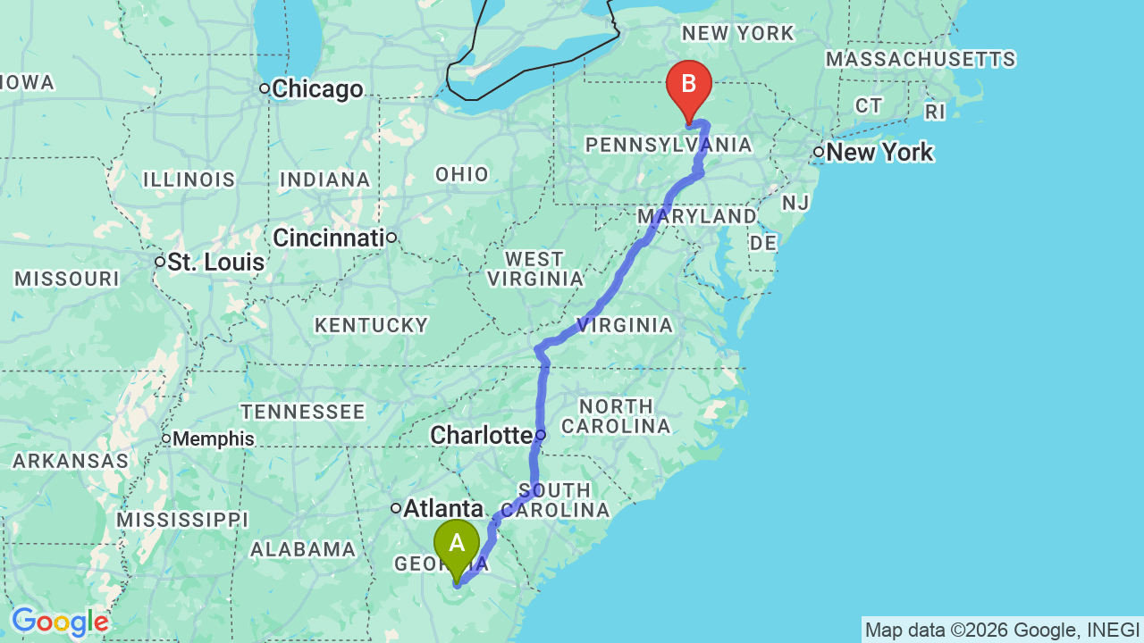 Route map: Georgia to Pennsylvania Car Shipping: Your Stress-Free Relocation Partner