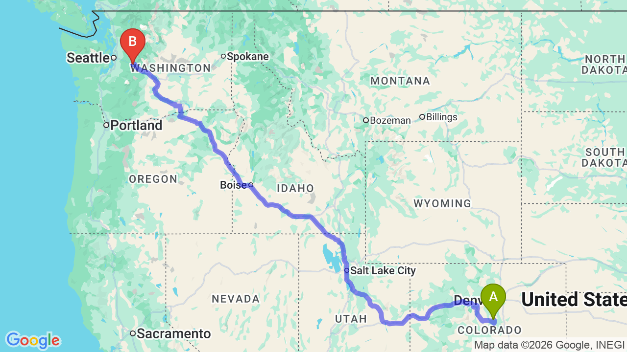 Route map: Denver to Washington Car Shipping: Rocky Mountain to Pacific Northwest