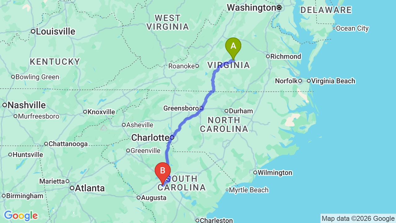 Route map: Virginia to South Carolina Car Shipping: A Relocator’s Guide to Stress-Free Moving